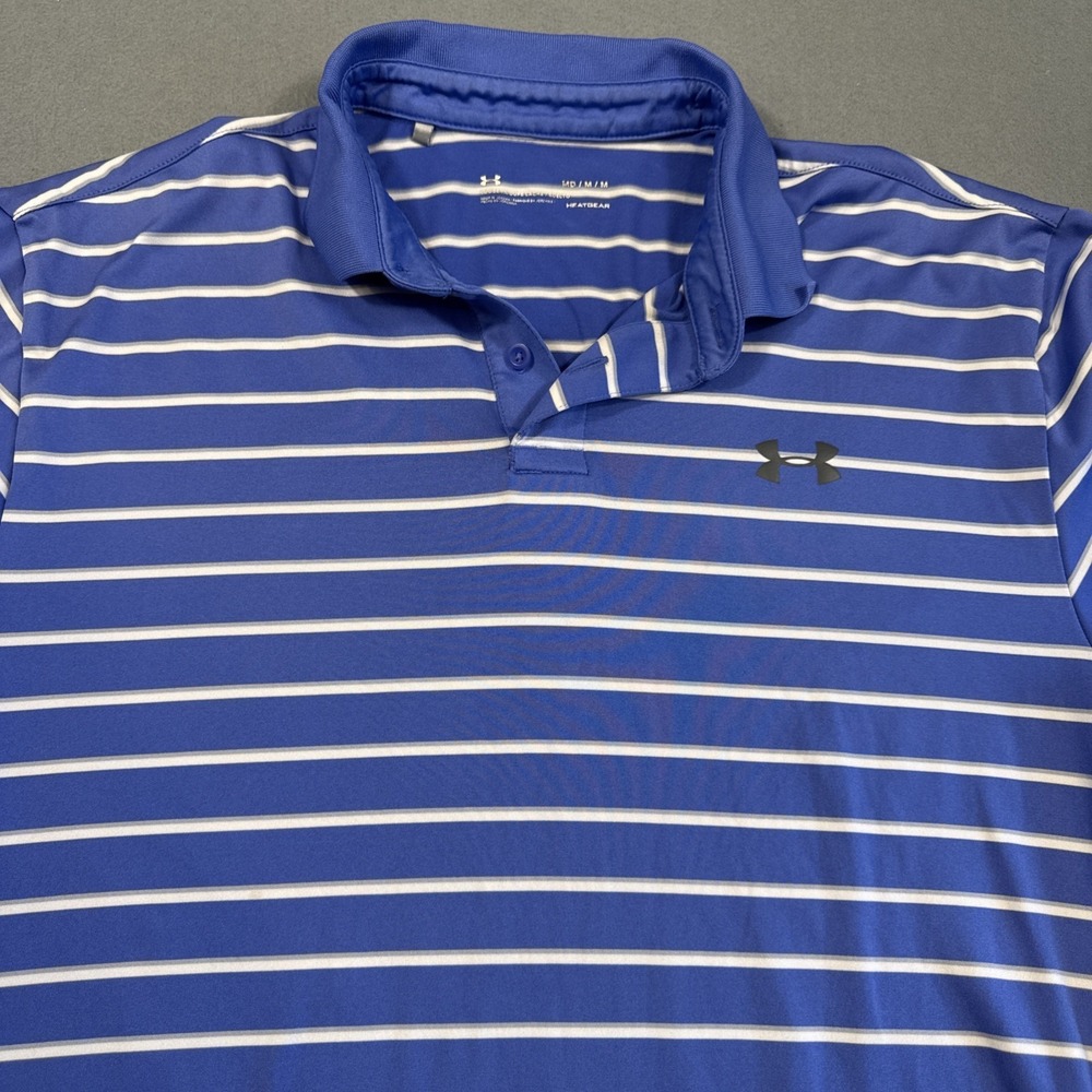 Under Armour Polo Shirt Mens MEDIUM  HeatGear Loose Fit Stripe Golf Performance
